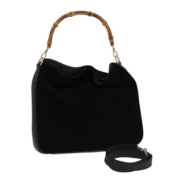 GUCCI Bamboo Hand Bag Leather 2way Black Gold - Picture 1 of 16